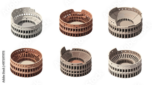 Isometric Roman Amphitheater Illustrations Set: Architectural Variations & Historical States