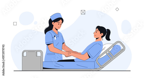 Nurse Holding Patient's Hands in Hospital Bed, Caring and Support