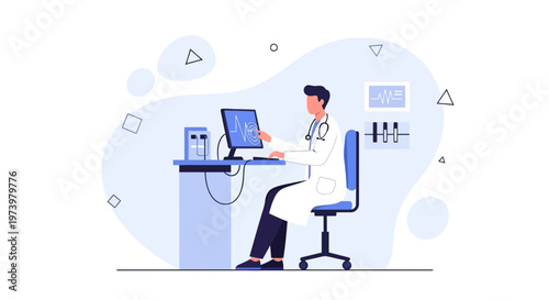 Doctor working on computer with medical equipment and EKG graph