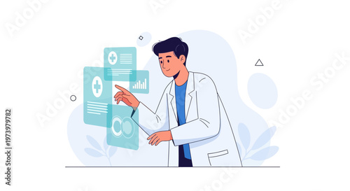 Doctor interacting with futuristic medical data interface, healthcare technology concept