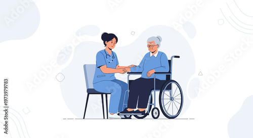Nurse comforting elderly woman in wheelchair, healthcare, support, caregiving, medical help