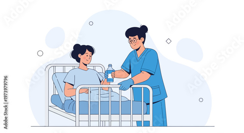 Nurse caring for patient in hospital bed, administering medicine, healthcare concept