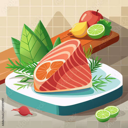 Fresh raw salmon steak fillet with lemon and vegetables on a white gourmet plate for a healthy seafood dinner meal