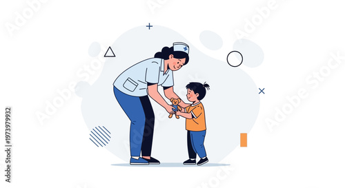 Nurse Giving Teddy Bear to Child, Pediatric Care Illustration