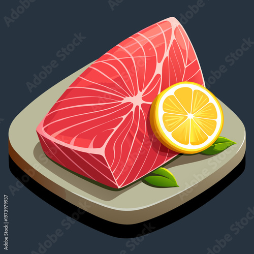A fresh raw salmon steak fillet and a juicy citrus lemon slice on a white plate make a healthy vitamin rich food illustration isolated on a white background