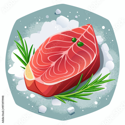 A gourmet display of fresh raw salmon fillet and red beef steak meat slices on a white plate with rosemary and tomato vegetables for a healthy meal