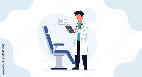 Doctor with Tablet in Examination Room Next to Medical Chair