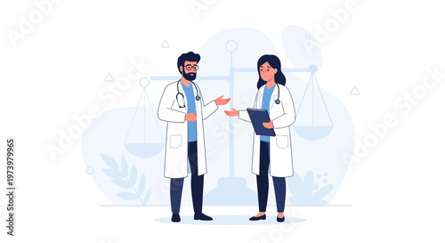Doctors Discussing Medical Ethics with Scales of Justice Background