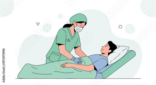 Nurse Caring for Patient in Hospital Bed, Medical Healthcare Illustration