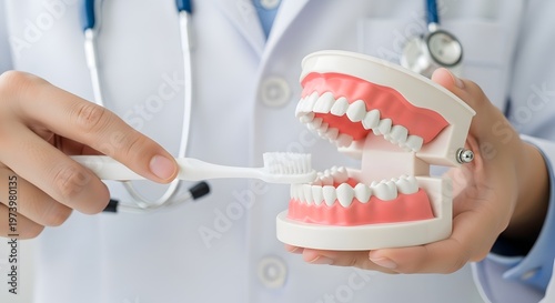 Dentist demonstrating proper teeth brushing on dental model with toothbrush