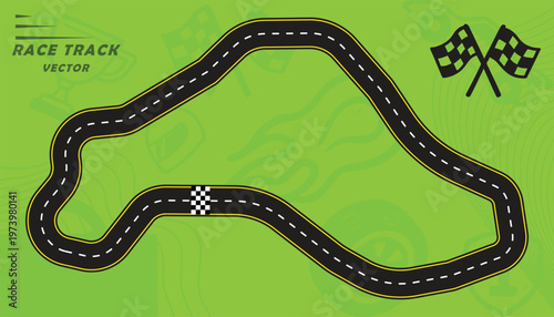 Creative vector illusion of race track or road symbol isolated on green background.