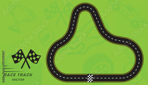 Creative vector illusion of race track or road symbol isolated on green background.