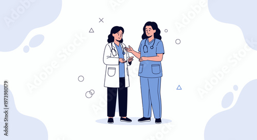 Two female doctors in conversation, one in lab coat, the other in scrubs, medical illustration