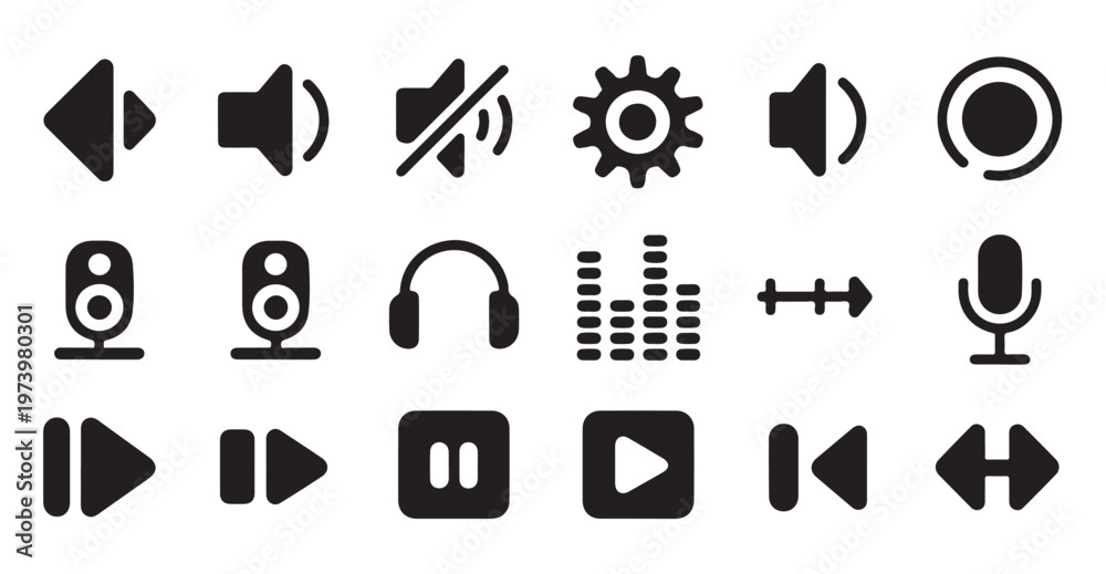 Fototapeta premium Collection of media player control icons, sound symbols, and audio equipment.