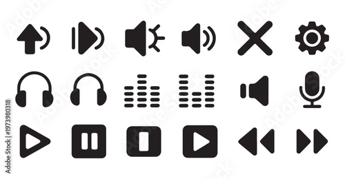 Various media player and audio control icons with playback symbols and sound elements.