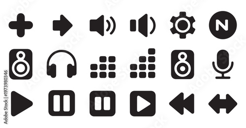 Music media player icon set featuring audio controls sound speakers and playback silhouette.