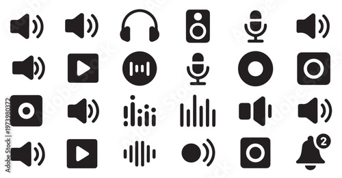 Multimedia audio symbols set with volume controls recording buttons and microphone graphics.