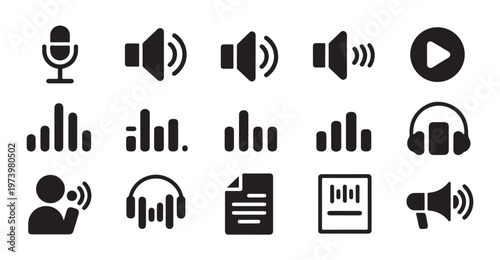 Audio and sound icons, voice assistant, music player, sound wave, volume, microphone, headphone.
