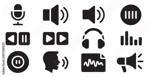 Audio and sound icons, voice assistant, music player, sound wave, volume, microphone, headphone.