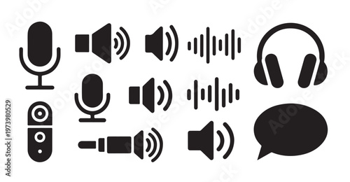 Audio and sound icons, voice assistant, music player, sound wave, volume, microphone, headphone.
