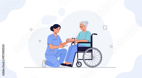 Nurse assisting elderly woman in wheelchair, healthcare concept