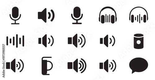 Audio and sound icons, voice assistant, music player, sound wave, volume, microphone, headphone.