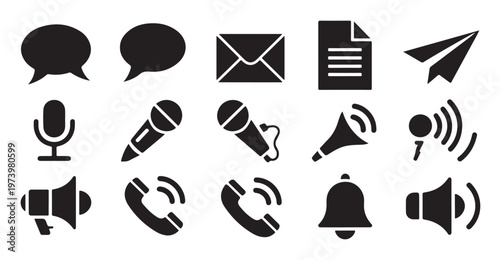 Collection of vector icons representing communication, audio, and broadcasting technologies.