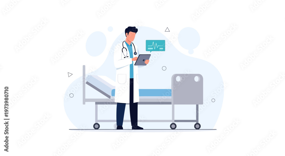 Naklejka premium Doctor with Stethoscope and Tablet in Hospital Room with Bed and Monitor