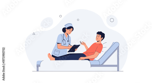 Nurse Consults Patient Lying in Hospital Bed, Medical Consultation Illustration