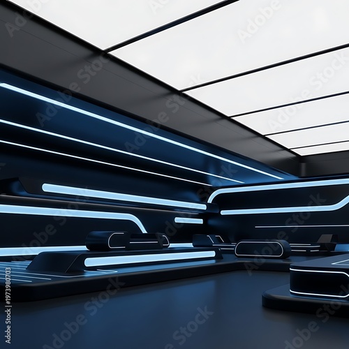 Futuristic interior space displaying abstract illuminated design elements