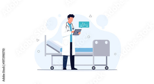 Doctor with Stethoscope and Tablet in Hospital Room with Bed and Monitor