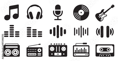 Set of music and audio icons including notes headphones microphone vinyl guitar equalizer.