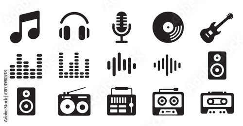 Set of music and audio icons including notes headphones microphone vinyl guitar equalizer.
