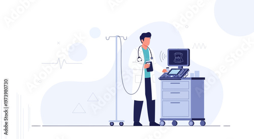 Doctor operating ultrasound machine with patient data on screen, medical equipment