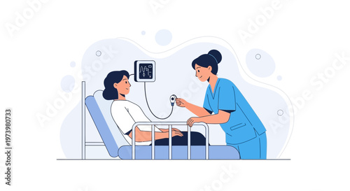 Nurse checks patient's vital signs on monitor in hospital room, medical illustration