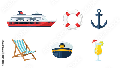 Cruise Ship Vacation Icons Set. Flat vector illustration of nautical elements, sea travel, and summer holiday symbols.