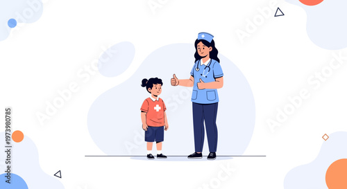 Nurse with stethoscope gives thumbs up to child patient, healthcare concept
