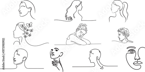 Minimal Female Face Line Art Set Abstract Woman Portrait Continuous Line Drawing Modern Aesthetic Illustration
