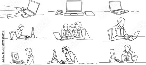 Business Teamwork Line Art Set Office Workers Meeting Collaboration Continuous Line Drawing Minimal Illustration