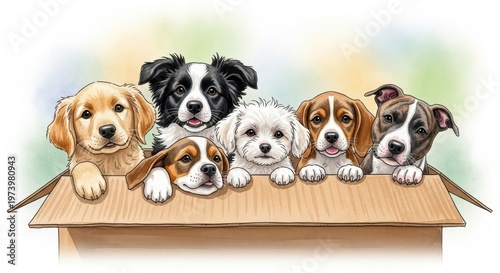 Group of cute puppies sits inside a cardboard box.