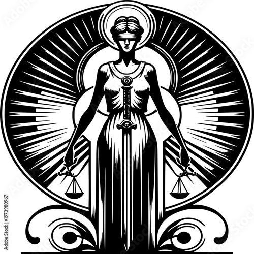 Themis of Justice: The embodiment of justice is depicted as the blindfolded figure of Themis, holding a scale in one hand and a sword in the other, standing against a radiant sunburst background.