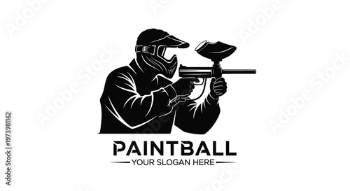 Dynamic vector graphic illustration depicting an action-packed paintball player aiming a marker, ready for combat, perfect for sports, gaming, and competitive recreation branding.