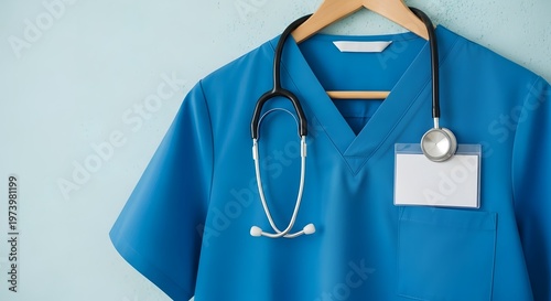 Blue Medical Scrubs with Stethoscope and ID Badge on Hanger