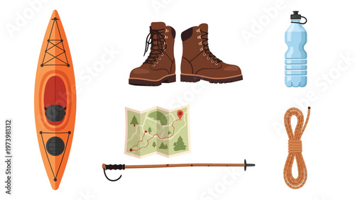 Essential Outdoor Adventure Gear Set: Kayak, Hiking Boots, Map, Water Bottle, Trekking Pole, Rope for Nature Exploration