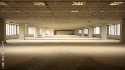 Vast Empty Office Space with Natural Light and Neutral Tones.