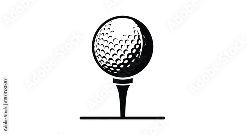 A classic black and white vector illustration of a golf ball perfectly placed on a tee, ready for a powerful swing, symbolizing sport and leisure design.
