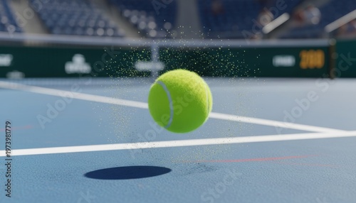 Tennis ball bouncing on a blue court with a net in the background.