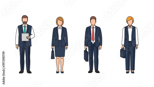 Vector illustration of diverse business professionals. Men and women in corporate suits with briefcases and tablet, isolated on white.