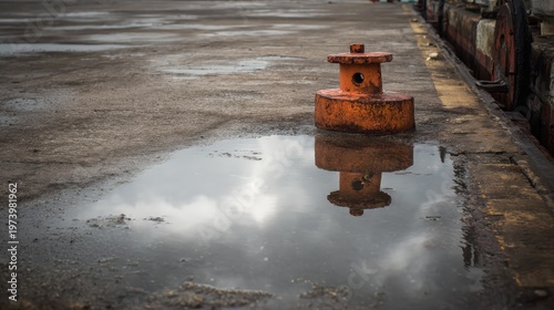 Rusty mooring post reflected in puddle on concrete pier