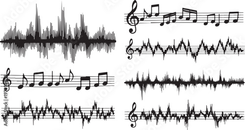 Music notes and sound wave patterns on white background